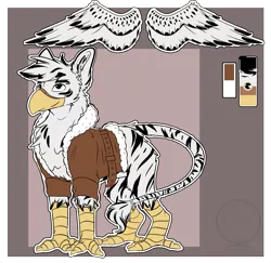 Size: 4335x4208 | Tagged: safe, artist:fizzwings, derpibooru import, oc, oc:warren, gryphon, hybrid, original species, zebra, zebragriff, absurd resolution, beak, bomber jacket, butt fluff, cheek fluff, chest fluff, clothes, ear fluff, fluffy, jacket, leg fluff, leonine tail, looking up, neck fluff, nudity, reference sheet, sheath, smiling, smirk, solo, stripes, tail fluff, talons, wing fluff, wings, zerb