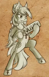 Size: 662x1030 | Tagged: safe, artist:jamescorck, derpibooru import, oc, oc:midori kuroba, pegasus, pony, ankh, anklet, egyptian, egyptian pony, female, freckles, imminent spanking, mare, monochrome, paddle