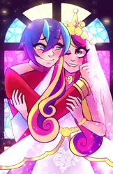 Size: 550x850 | Tagged: artist:techycutie, clothes, crown, cute, daaaaaaaaaaaw, derpibooru import, dress, embrace, female, gold, human, humanized, jewelry, lace, male, marriage, married couple, princess cadance, regalia, ring, safe, sash, shining armor, shiningcadance, shipping, sparkles, stained glass, straight, wedding, wedding dress, wedding ring, wedding veil