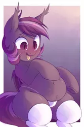 Size: 795x1200 | Tagged: suggestive, artist:toroitimu, derpibooru import, oc, oc:iris, unofficial characters only, bat pony, pony, adorasexy, bat pony oc, bat wings, belly button, blushing, chubby, clothes, cute, fangs, female, mare, open mouth, panties, sexy, smiling, socks, solo, solo female, stockings, thigh highs, underwear, wings