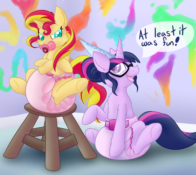 Size: 1900x1700 | Tagged: suggestive, artist:plinkie_poi, derpibooru import, sci-twi, sunset shimmer, twilight sparkle, ponified, pony, adult foal, cute, diaper, diaper fetish, dunce hat, equestria girls ponified, fetish, hat, pacifier, paint, poofy diaper, punishment, shimmerbetes, stool, time out, twiabetes