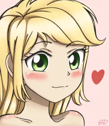 Size: 650x750 | Tagged: safe, artist:tastyrainbow, derpibooru import, applejack, equestria girls, anime, bare shoulder portrait, bare shoulders, big eyes, blushing, bust, cute, heart, implied nudity, jackabetes, looking at you, portrait, smiley face