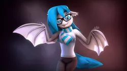 Size: 10000x5600 | Tagged: safe, artist:imafutureguitarhero, derpibooru import, oc, oc:xenia amata, unofficial characters only, anthro, bat pony, 3d, abstract background, absurd resolution, bat pony oc, bat wings, bloom, blue mane, chromatic aberration, clothes, compression shorts, fangs, female, film grain, floppy ears, glasses, gradient background, looking at you, mare, nail polish, nose wrinkle, raised eyebrow, scarf, shorts, shrug, signature, sleeveless, slit eyes, smiling, solo, source filmmaker, tanktop, tongue out, windswept tail, wing arms, wings