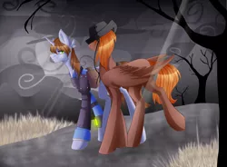 Size: 4439x3271 | Tagged: safe, artist:ri20, derpibooru import, oc, oc:calamity, oc:littlepip, unofficial characters only, pegasus, pony, unicorn, fallout equestria, fanfic, bag, clothes, cloud, cloudy, cowboy hat, dashite, dead grass, dead tree, fanfic art, female, grass, gritted teeth, hat, hooves, horn, male, mare, pipbuck, saddle bag, stallion, tree, vault suit, wasteland, windy, wings