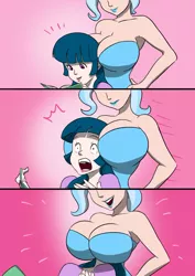 Size: 827x1169 | Tagged: ambush, artist:mrincon, big breasts, bimbo, blue lipstick, boob smothering, boob squish, book, breasts, busty trixie, cleavage, comic, derpibooru import, female, huge breasts, human, humanized, lipstick, makeup, reading, smiling, smothering, suggestive, surprised, trixie, twilight sparkle