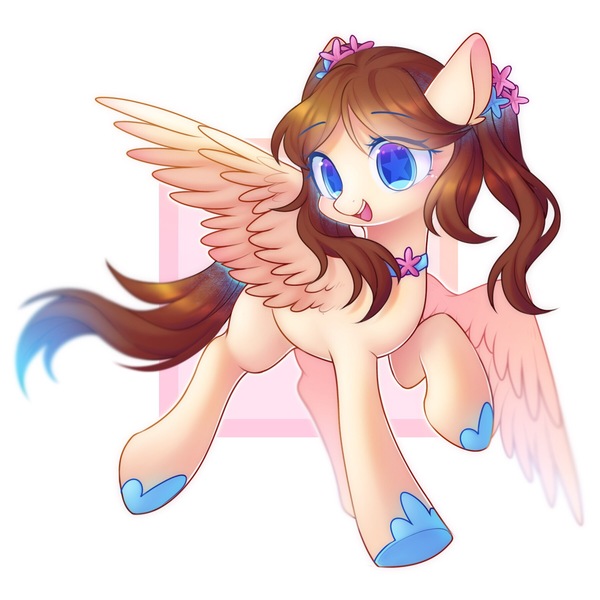Size: 1800x1800 | Tagged: safe, artist:leafywind, derpibooru import, oc, unofficial characters only, pegasus, pony, abstract background, choker, colored pupils, cute, female, flying, hairband, hoof shoes, mare, open mouth, pigtails, smiling, solo, spread wings, starry eyes, wingding eyes, wings