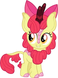 Size: 895x1200 | Tagged: safe, artist:cloudyglow, derpibooru import, apple bloom, kirin, adorabloom, bow, cloven hooves, colored hooves, cute, female, hair bow, kirinified, simple background, smiling, solo, species swap, transparent background, vector