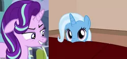 Size: 1080x500 | Tagged: safe, artist:badumsquish, derpibooru import, edit, edited screencap, screencap, starlight glimmer, trixie, pony, unicorn, adorable face, cute, duo, female, floppy ears, lip bite, looking at you, mare
