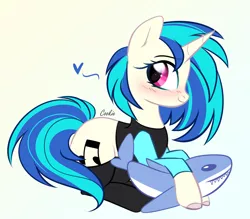 Size: 2290x2010 | Tagged: safe, artist:lazuli, derpibooru import, vinyl scratch, pony, shark, unicorn, animal, black socks, blushing, clothes, cute, female, heart, mare, plushie, shark plushie, simple background, smiling, socks, solo, stockings, swimsuit, thigh highs, vinylbetes, white background