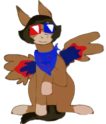 Size: 628x735 | Tagged: safe, artist:rudy, derpibooru import, oc, oc:double duality, unofficial characters only, pegasus, pony, 3d glasses, bandana, blank flank, bright colours, brown mane, clothes, colored lineart, glasses, male, raised hoof, red and blue, simple background, sitting, smiling, solo, spread wings, transparent background, wings