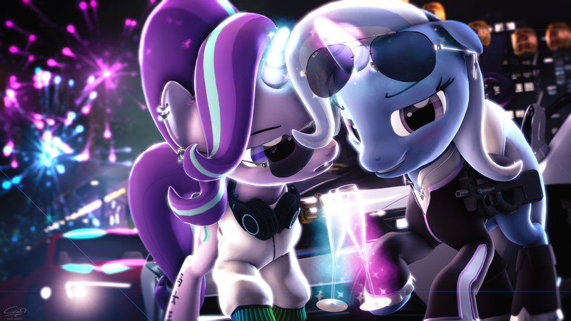 Size: 3840x2160 | Tagged: safe, artist:calveen, derpibooru import, starlight glimmer, trixie, pony, unicorn, 3d, audi, audi r8, aviator glasses, bedroom eyes, bmw, bmw i8, building, car, champagne, champagne glass, chinese text, clothes, dress, ear piercing, earring, female, fireworks, glasses, glowing horn, grin, headphones, hoodie, horn, imminent kissing, jewelry, lantern, leaning, lens flare, lesbian, levitation, magic, open mouth, p90, piercing, raised hoof, shipping, smiling, source filmmaker, startrix, tattoo, telekinesis, weapon