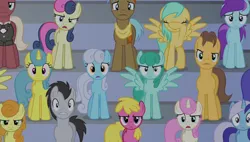 Size: 1266x720 | Tagged: safe, derpibooru import, screencap, beaude mane, bon bon, caramel, carrot top, cherry berry, golden harvest, lemon hearts, light stream, linky, lucky clover, minuette, neigh sayer, shoeshine, spring melody, sprinkle medley, sunshower raindrops, sweetie drops, twinkleshine, earth pony, pegasus, pony, unicorn, equestria games (episode), background pony, background pony audience, clothes, facehoof, female, male, mare, necktie, scarf, spread wings, stallion, varying degrees of do not want, wings