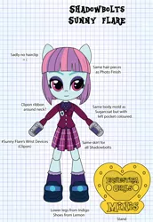 Size: 1897x2752 | Tagged: safe, artist:darkhooves, derpibooru import, sunny flare, equestria girls, adoraflare, clothes, concept, crystal prep academy uniform, crystal prep shadowbolts, cute, darkhooves wastes our time, digital art, doll, equestria girls minis, eyeshadow, graph paper, makeup, merchandise, mockup, pleated skirt, ribbon, school uniform, shoes, skirt, smiling, socks, solo, stand, sunny flare's wrist devices, toy