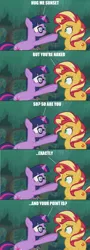 Size: 1920x5360 | Tagged: safe, alternate version, derpibooru import, edit, edited screencap, screencap, sci-twi, sunset shimmer, twilight sparkle, ponified, pony, unicorn, equestria girls, equestria girls series, spring breakdown, spoiler:eqg series (season 2), caption, dialogue, equestria girls ponified, glasses, image macro, impact font, implied hugging, implied nudity, text, unicorn sci-twi, we don't normally wear clothes