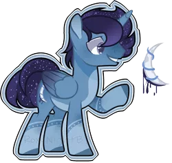 Size: 1768x1672 | Tagged: safe, artist:jxst-alexa, derpibooru import, oc, alicorn, pony, alicorn oc, crescent moon, ethereal mane, horn, magical lesbian spawn, male, moon, offspring, parent:princess luna, parent:rainbow dash, parents:lunadash, raised hoof, simple background, solo, stallion, starry mane, transparent background, wings