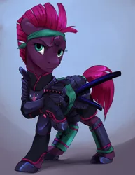Size: 1020x1320 | Tagged: safe, artist:silfoe, derpibooru import, tempest shadow, pony, unicorn, my little pony: the movie, armor, broken horn, commission, female, headband, horn, katana, looking at you, mare, raised hoof, royal guard, samurai, simple background, solo, sword, tempest becomes a royal guard, twilight's royal guard, weapon