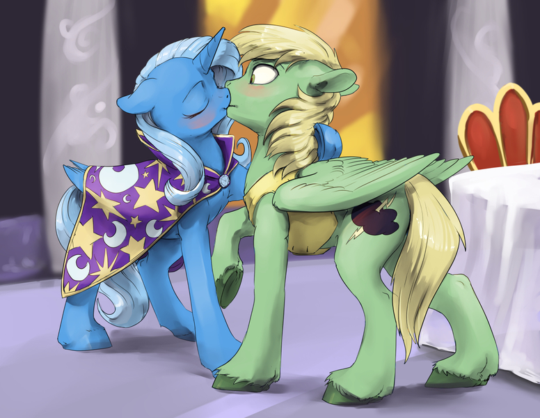 Size: 1320x1020 | Tagged: safe, artist:silfoe, derpibooru import, trixie, oc, oc:mark wells, alicorn, pegasus, pony, unicorn, fanfic:off the mark, alicornified, blushing, canon x oc, cape, clothes, cute, ear fluff, eyes closed, fake wings, fanfic art, female, floppy ears, frown, kissing, leg fluff, male, mare, markxie, race swap, raised hoof, shipping, smiling, stallion, straight, surprise kiss, surprised, table, trixie's cape, trixiecorn, unshorn fetlocks, wide eyes, wing fluff