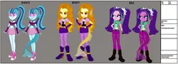 Size: 5211x1881 | Tagged: safe, artist:invisibleink, derpibooru import, adagio dazzle, aria blaze, sonata dusk, monster girl, siren, fanfic, equestria girls, alternate costumes, alternate design, belly button, claws, clothes, converse, evil, evil grin, fanfic art, fins, fish tail, grin, midriff, monster, reference sheet, sharp teeth, shoes, show accurate, smiling, tail, teeth, the dazzlings