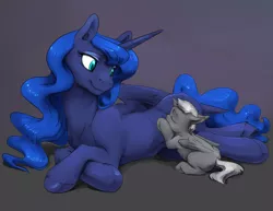 Size: 3300x2550 | Tagged: safe, artist:silfoe, derpibooru import, princess luna, oc, oc:night mist, alicorn, bat pony, bat pony alicorn, pony, adopted offspring, alicorn oc, bat wings, breastfeeding, cute, ear fluff, eyes closed, eyeshadow, female, floppy ears, foal, gradient background, gray background, horn, horses doing horse things, leg fluff, lidded eyes, looking back, lunabetes, makeup, male, mare, maternaluna, missing accessory, mother and child, mother and son, nonsexual nursing, nursing, ocbetes, offspring, prone, side, silfoe is trying to murder us, simple background, sitting, smiling, story included, suckling, unshorn fetlocks, wings