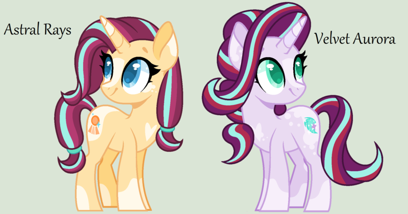 Size: 2036x1070 | Tagged: safe, artist:frostylithi, derpibooru import, oc, oc:astral rays, oc:velvet aurora, unofficial characters only, pony, unicorn, female, mare, offspring, parent:starlight glimmer, parent:sunburst, parents:starburst, simple background