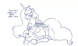 Size: 1835x1088 | Tagged: safe, artist:mellowhen, derpibooru import, princess luna, alicorn, pony, both cutie marks, burger, butt, chubby, crown, dialogue, food, horseshoes, jewelry, lineart, looking at you, looking back, looking back at you, moonbutt, open mouth, plate, plot, prone, regalia, seductive look, solo, speech, talking, the ass was fat