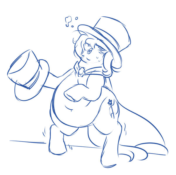 Size: 1162x1161 | Tagged: safe, artist:mellowhen, derpibooru import, trixie, semi-anthro, unicorn, belly button, chubby, drunk, drunk bubbles, fat, hat, lineart, rearing, sketch, solo, the great and alcoholics trixie, the great and bountiful trixie, top hat