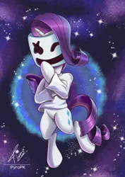 Size: 565x800 | Tagged: safe, artist:pyropk, derpibooru import, rarity, pony, unicorn, clothes, cosplay, costume, crossover, cute, food, marshmallow, marshmello, rarity is a marshmallow, solo, space