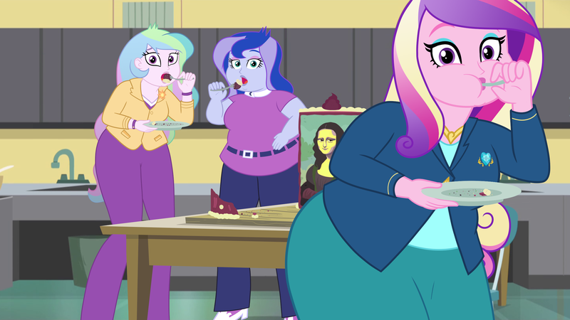 Size: 2560x1440 | Tagged: safe, artist:neongothic, derpibooru import, edit, edited screencap, screencap, princess cadance, princess celestia, princess luna, equestria girls, friendship games, bbw, cake, cakelestia, caught, chubby, chubby cheeks, chubbylestia, dean cadance, dean decadence, double chin, eating, fat, fat edit, fat fetish, female, fetish, food, fork, image, png, princess decadence, princess moonpig, principal celestia, principal chubbylestia, reality ensues, royal sisters, siblings, sisters, story included, vice principal luna, vice principal moonpig, weight gain