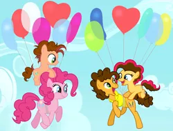 Size: 6424x4880 | Tagged: safe, artist:velveagicsentryyt, derpibooru import, cheese sandwich, pinkie pie, oc, oc:party pie, oc:sugar high, earth pony, pony, absurd resolution, balloon, cheesepie, colt, female, filly, floating, male, offspring, parent:cheese sandwich, parent:pinkie pie, parents:cheesepie, shipping, straight, then watch her balloons lift her up to the sky