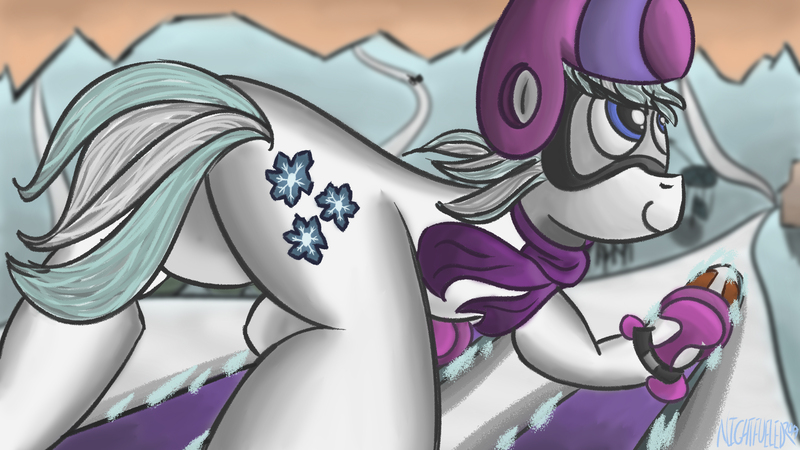 Size: 3840x2160 | Tagged: safe, artist:nightfueled, derpibooru import, double diamond, earth pony, pony, clothes, goggles, helmet, male, mountain, scarf, skiing, snow, solo, stallion, winter