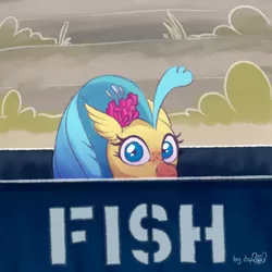 Size: 1536x1536 | Tagged: artist:dsp2003, classical hippogriff, cute, derpibooru import, dumpster, female, flower, flower in hair, hippogriff, implied salmon, looking at you, maybe salmon, meme, my little pony: the movie, not salmon yet salmon, peeking, ponified meme, princess skystar, pun, safe, smiling, solo, soon, wat, wide eyes