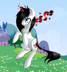 Size: 1600x1700 | Tagged: artist needed, safe, derpibooru import, ponified, pony, unicorn, bags under eyes, blue eyes, crazy face, faic, female, glowing horn, horn, jeff the killer, jumping, knife, magic, male, meme, smiling, solo, stallion, straight, telekinesis