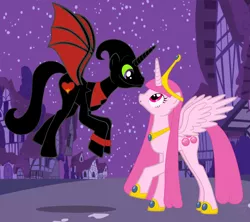 Size: 3904x3472 | Tagged: safe, derpibooru import, alicorn, bat pony, bat pony alicorn, pony, adventure time, barely pony related, bat wings, cartoon network, crack shipping, crossover, crossover shipping, female, hoof shoes, horn, husband and wife, looking up, male, mare, my little pony, nergal, nergal and princess bubblegum, night, ponyville, princess bubblegum, shipping, stallion, the grim adventures of billy and mandy, wings