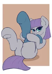 Size: 3273x4631 | Tagged: suggestive, artist:kyokimute, derpibooru import, maud pie, earth pony, pony, butt, clothes, featureless crotch, female, mare, mouth hold, plot, socks, solo