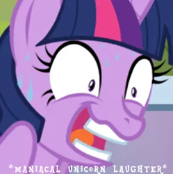 Size: 500x502 | Tagged: safe, artist:niggerfaggot, derpibooru import, twilight sparkle, pony, unicorn, cropped, descriptive noise, female, insanity, mare, open mouth, reaction image, sweat, tongue out, unicorn twilight