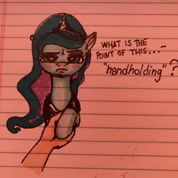 Size: 1080x1080 | Tagged: safe, artist:sharpi, derpibooru import, princess luna, human, pony, blushing, dialogue, holding hooves, human on pony hoof holding, lined paper, sketch, solo, traditional art
