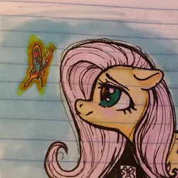 Size: 1080x1080 | Tagged: safe, artist:sharpi, derpibooru import, fluttershy, butterfly, pony, cute, lined paper, sketch, solo, traditional art