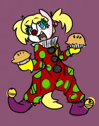 Size: 1059x1352 | Tagged: safe, artist:spheedc, derpibooru import, oc, unofficial characters only, earth pony, semi-anthro, bells, bipedal, clothes, clown, clown makeup, clown nose, collar, digital art, female, food, mare, pie, pigtails, ruff (clothing), simple background, solo