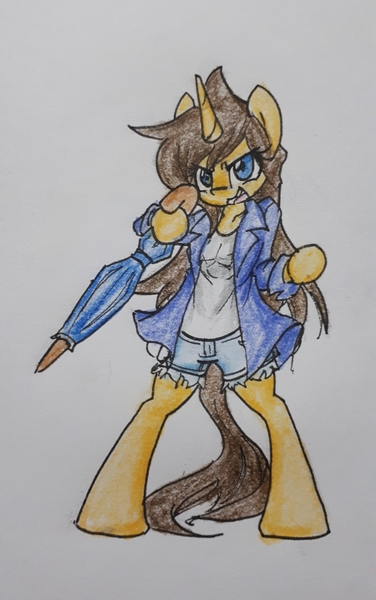 Size: 2540x4050 | Tagged: safe, artist:spheedc, derpibooru import, oc, oc:dream chaser, unofficial characters only, semi-anthro, unicorn, bipedal, clothes, female, jacket, mare, rule 63, simple background, solo, traditional art, umbrella, white background