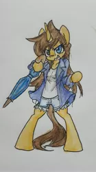 Size: 2355x4198 | Tagged: safe, artist:spheedc, derpibooru import, oc, oc:dream chaser, unofficial characters only, semi-anthro, unicorn, bipedal, clothes, female, jacket, mare, rule 63, simple background, solo, traditional art, umbrella, white background