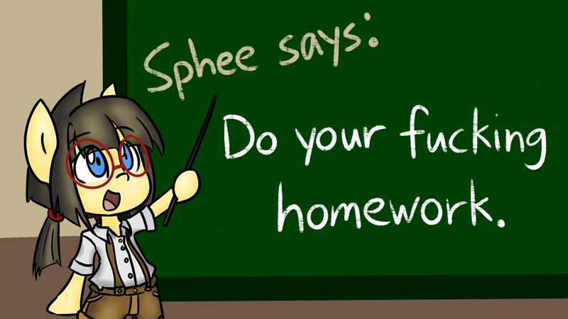 Size: 2732x1536 | Tagged: safe, artist:spheedc, derpibooru import, oc, oc:sphee, earth pony, semi-anthro, bipedal, chalkboard, clothes, digital art, female, filly, glasses, mare, pigtails, solo, teacher, teaching, vulgar