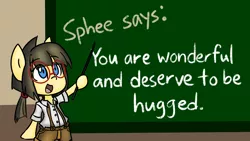 Size: 2732x1536 | Tagged: safe, artist:spheedc, derpibooru import, oc, oc:sphee, earth pony, semi-anthro, bipedal, chalkboard, clothes, digital art, female, filly, glasses, mare, motivational, pigtails, solo, teacher, teaching