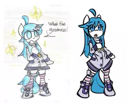 Size: 1027x850 | Tagged: safe, artist:spheedc, derpibooru import, oc, oc:light chaser, unofficial characters only, earth pony, semi-anthro, bipedal, clothes, comparison, cosplay, costume, digital art, draw this again, female, hyperdimension neptunia, mare, nepgear, redraw, simple background, solo, speech bubble, traditional art, white background