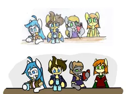 Size: 1329x990 | Tagged: safe, artist:spheedc, derpibooru import, oc, oc:dream chaser, oc:light chaser, oc:scarlet sky, oc:sweet corn, unofficial characters only, earth pony, pegasus, semi-anthro, unicorn, bipedal, clothes, comparison, cup, digital art, draw this again, drink, drinking, female, male, mare, reading, redraw, simple background, solo, stallion, table, traditional art, white background