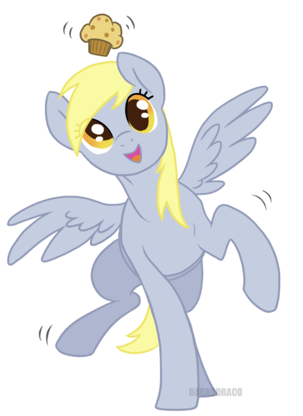 Size: 1280x1758 | Tagged: safe, artist:darkodraco, derpibooru import, derpy hooves, pegasus, pony, female, food, looking at you, mare, muffin, open mouth, raised hoof, simple background, smiling, solo, transparent background