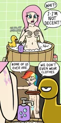 Size: 1280x2568 | Tagged: suggestive, artist:mkogwheel, derpibooru import, fluttershy, rainbow dash, human, 2 panel comic, abs, alternative cutie mark placement, breasts, bubble bath, casual nudity, comic, cutie mark on human, dialogue, embarrassed, embarrassed nude exposure, female, humanized, monochrome, nudity, rainbow bush, shoulder cutie mark, sketch, soap bubble, strategically covered, we don't normally wear clothes