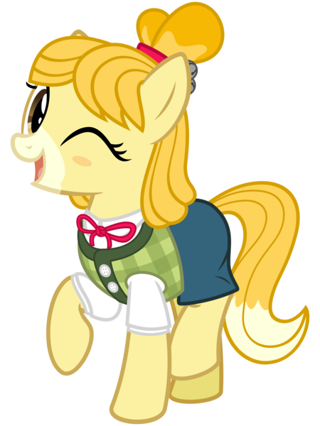 Size: 2400x3200 | Tagged: safe, artist:cheezedoodle96, derpibooru import, ponified, earth pony, pony, .svg available, animal crossing, clothes, cute, female, isabelle, mare, nintendo, one eye closed, raised hoof, shirt, simple background, skirt, smiling, super smash bros., super smash bros. ultimate, svg, transparent background, vector, vest, wink