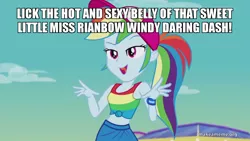 Size: 800x450 | Tagged: suggestive, derpibooru import, edit, edited screencap, screencap, rainbow dash, equestria girls, equestria girls series, spring breakdown, armband, bedroom eyes, cap, caption, clothes, cloud, cloudy, cute, day, engrish, exclamation point, exploitable meme, female, geode of super speed, happy, hat, image macro, magical geodes, meme, memegenerator, midriff, name, open mouth, outdoors, ponytail, sky, sleeveless, solo, symbol, tanktop, text, text edit, tongue out, wall of tags, woman