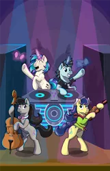 Size: 1489x2309 | Tagged: safe, artist:moonlightfan, derpibooru import, fiddlesticks, neon lights, octavia melody, rising star, vinyl scratch, pony, fanfic, fanfic:between bassdrops and bowstrings, apple family member, cello, clothes, fanfic art, fanfic cover, hat, musical instrument, turntable, violin