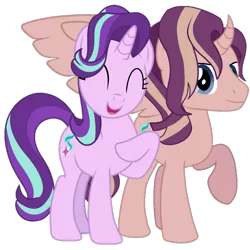 Size: 983x983 | Tagged: safe, artist:sinkbon, artist:syforcewindlight, derpibooru import, starlight glimmer, oc, oc:shimmering spectacle, alicorn, pony, .svg available, absurd resolution, alicorn oc, canon x oc, curved horn, cute, horn, incest, magical lesbian spawn, magical threesome spawn, male, offspring, raised hoof, simple background, stallion, transparent background, vector, wings